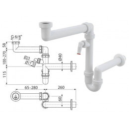 Сифон для мойки экономящий пространство cо штуцером и накидной гайкой 6/4, Alcaplast