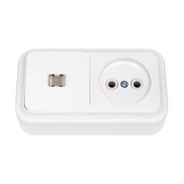 Блок выкл. 1 клав. + розетка (открытая, с/з) со световой индикацией, белая, Пралеска, BYLECTRICA