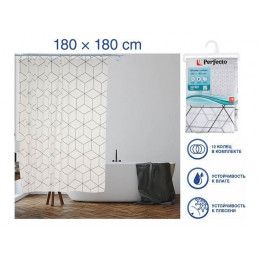 Шторка для ванной (12 колец в комплекте), 180x180 см, Secret, геометрия, белая, PERFECTO LINEA