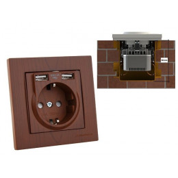 Розетка 1-ая (скрытая, с/з) + 2 USB орех, RITA, MUTLUSAN