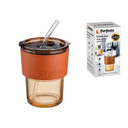 Стакан стеклянный (комплект) с трубочкой и кожаным кейсом, 400 мл, Amber, PERFECTO LINEA