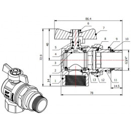Кран шаровый угловой 3/4" нар.-вн. бабочка (со сгоном) PN40, AV Engineering