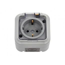 Розетка 1-ая (открытая, с/з, брызг. защ.) серая, Пралеска Аква, Bylectrica