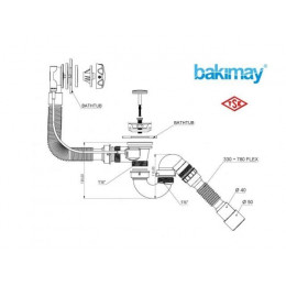 Сифон для ванны автомат U-образный с выпуском и переливом (Lt), с гибкой трубой 40х40/50, BAKIMAY