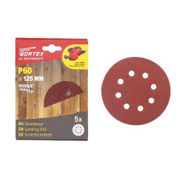 Шлифлист 125мм круг Р60 д/дерева самосцепл. 8 отв. 5 шт. WORTEX
