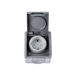 Розетка 1-ая (открытая, с/з, струезащ.) серая, Пралеска Аква, Bylectrica