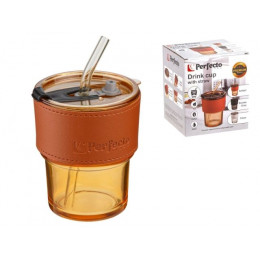 Стакан стеклянный (комплект) с трубочкой и кожаным кейсом, 400 мл, Amber, PERFECTO LINEA