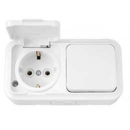 Блок выкл. 1 клав. + розетка (открытая, с/з, брызг. защ.) белая, Пралеска Аква, Bylectrica