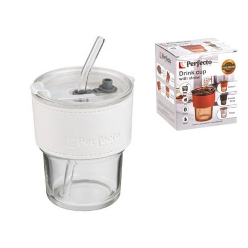 Стакан стеклянный (комплект) с трубочкой и кожаным кейсом, 400 мл, Clear, PERFECTO LINEA