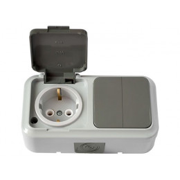 Блок выкл. 2 клав. + розетка (открытая, с/з, брызг. защ.) серая, Пралеска Аква, Bylectrica