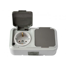 Розетка 2-ая (открытая, с/з, брызг. защ.) серая, Пралеска Аква, Bylectrica