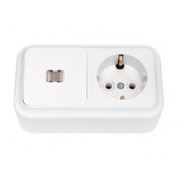 Блок выкл. 1 клав. + розетка (открытая, с/з) со световой индикацией, белая, Пралеска, BYLECTRICA