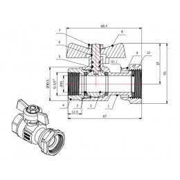 Кран шаровый с накидной гайкой 1/2" вн. х 3/4" вн. PN40, AV Engineering