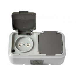 Розетка 2-ая (открытая, б/з, брызг. защ.) серая, Пралеска Аква, Bylectrica