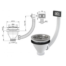 Водослив сифона для мойки 6/4" с нержавеющей peшeткой D115 и гофропереливом, Alcaplast