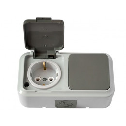 Блок выкл. 1 клав. + розетка (открытая, с/з, брызг. защ.) серая, Пралеска Аква, Bylectrica