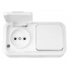Блок выкл. 1 клав. + розетка (открытая, б/з, брызг. защ.) белая, Пралеска Аква, Bylectrica