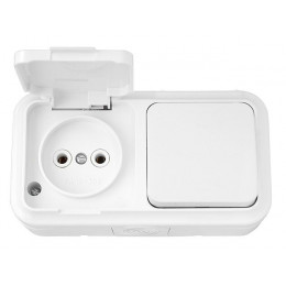 Блок выкл. 1 клав. + розетка (открытая, б/з, брызг. защ.) белая, Пралеска Аква, Bylectrica
