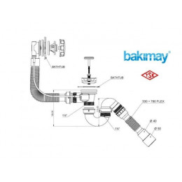 Сифон для ванны автомат U-образный с выпуском и переливом, с гибкой трубой 40х40/50, BAKIMAY