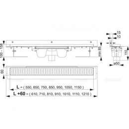 Водоотводящий желоб с порогами для перф. решетки и регул.ворот.к стене, вертик. сток, 950, Alcaplast