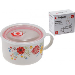 Кружка для супа с крышкой с паровыпуском, 850 мл, керамическая, FLOWERS-2, PERFECTO LINEA