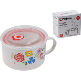 Кружка для супа с крышкой с паровыпуском, 850 мл, керамическая, FLOWERS-1, PERFECTO LINEA