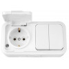 Блок выкл. 2 клав. + розетка (открытая, с/з, брызг. защ.) белая, Пралеска Аква, Bylectrica