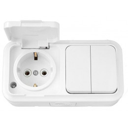 Блок выкл. 2 клав. + розетка (открытая, с/з, брызг. защ.) белая, Пралеска Аква, Bylectrica