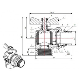 Кран шаровый угловой 1" нар.-вн. бабочка (со сгоном) PN40, AV Engineering