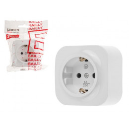 Розетка 1-ая (открытая, с/з) белая, Bailly, LEIDEN ELECTRIC