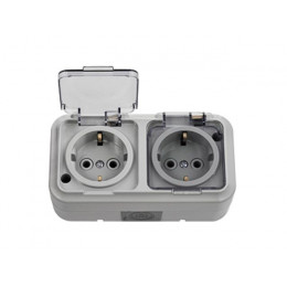 Розетка 2-ая (открытая, с/з, брызг. защ.) серая, Пралеска Аква, Bylectrica