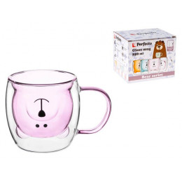Кружка стеклянная с двойными стенками, 250 мл, розовая, серия Bear, PERFECTO LINEA