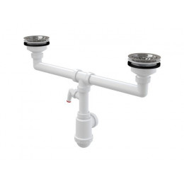 Сифон для сдвоенной мойки с нержавеющими решетками DN115 и штуцером, Alcaplast