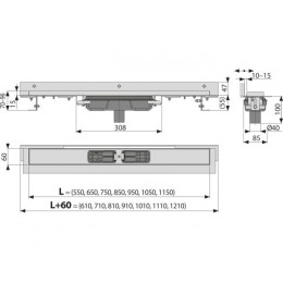 Водоотводящий желоб с порогами для перф. решетки и регул.ворот.к стене, вертик. сток, 850, Alcaplast