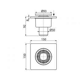 Сливной трап 150х150/50, прямой сток, решетка серая, гидрозатвор мокрый, Alcaplast