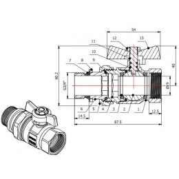 Кран шаровый 3/4" нар.-вн. бабочка (со сгоном) PN40, AV Engineering