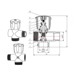 Кран вентильный 1/2" нар. х 3/4" нар. х 1/2" вн. для стир. машины ХРОМ., AV Engineering