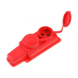 Розетка 2-ая переносная (с/з, 16А, 250В, брызг. защ.) каучук, красная Юпитер