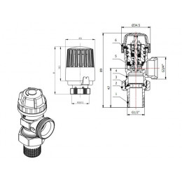 Кран вентильный под евроконус 1/2" нар. х 3/4" нар. для радиатора с термоголовой, AV Engineering
