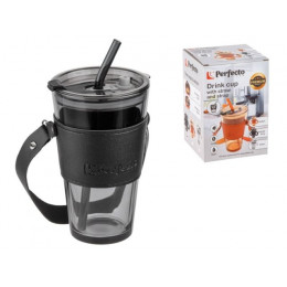 Стакан стеклянный (комплект) с трубочкой, кожаным ремешком и кейсом,450мл, Smoke Grey,PERFECTO LINEA