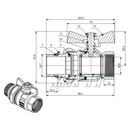 Кран шаровый 1" нар.-вн. бабочка (со сгоном) PN40, AV Engineering