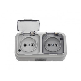 Розетка 2-ая (открытая, б/з, брызг. защ.) серая, Пралеска Аква, Bylectrica