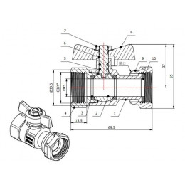 Кран шаровый с накидной гайкой 3/4" вн.-вн. PN40, AV Engineering