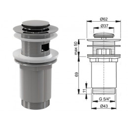 Водослив для умывальника click/clack 5/4, цельнометаллический с малой заглушкой, Alcaplast