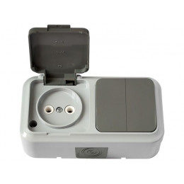 Блок выкл. 2 клав. + розетка (открытая, б/з, брызг. защ.) серая, Пралеска Аква, Bylectrica
