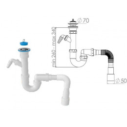 Сифон для кухни прямоточный с выпуском 70мм, с гибкой трубой 1 1/2" - 40/50мм, AV Engineering