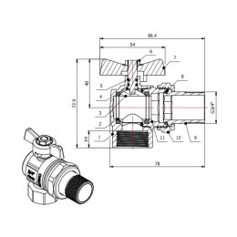 Кран шаровый угловой 3/4" нар.-вн. бабочка (со сгоном) PN40, AV Engineering