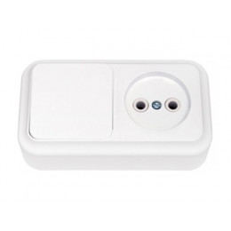 Блок выкл. 1 клав. + розетка (открытая, б/з) белая, Пралеска, BYLECTRICA