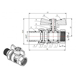 Кран шаровый 1/2" нар.-вн. бабочка (со сгоном) PN40, AV Engineering