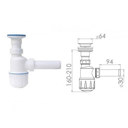 Сифон для умывальника, выпуск 64мм, с отводом 32мм, AV Engineering